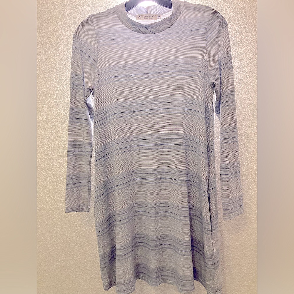Fighting Eel long sleeve mini dress with side pockets blue gray stripes size S